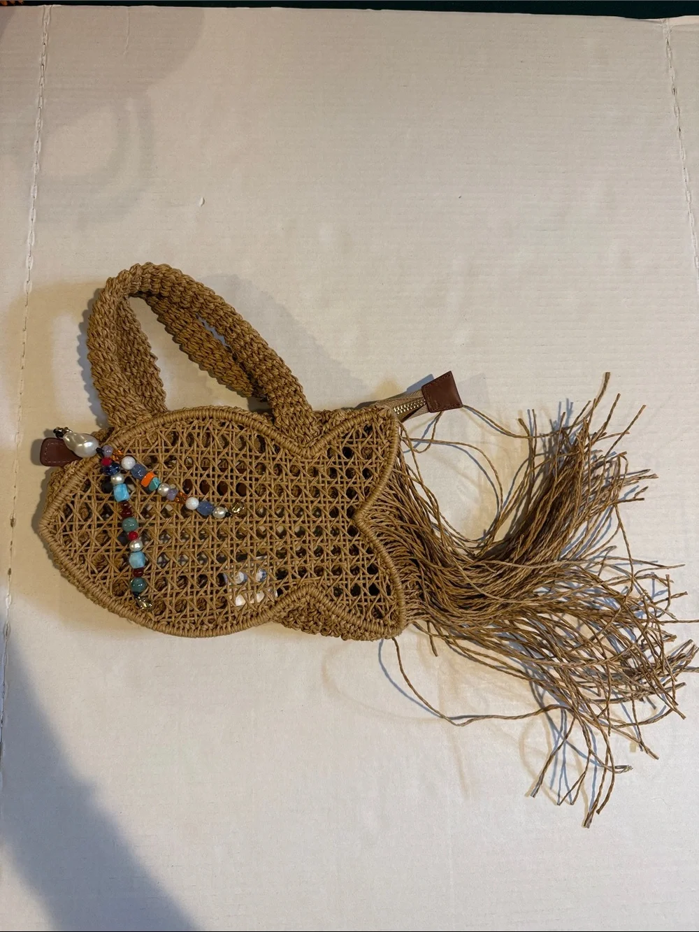 J. Crew Brown Woven Fish-Shaped Mini Bag with Bead Accent